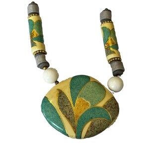 Beautiful Vintage 1970’s Painted Ceramic Green/cream Pendant/Beads from Japan